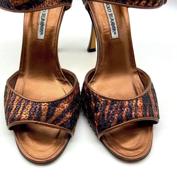 Manolo Blahnik Bronze Sequin/Leather Heels Size 39,5/9,5 - Picture 6 of 12